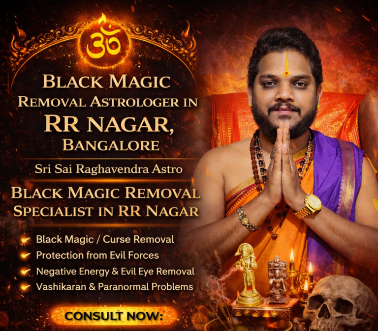 Black magic removal astrologer in RR Nagar Bangalore Sri Sai Raghavendra Astro guruji image with spiritual setup