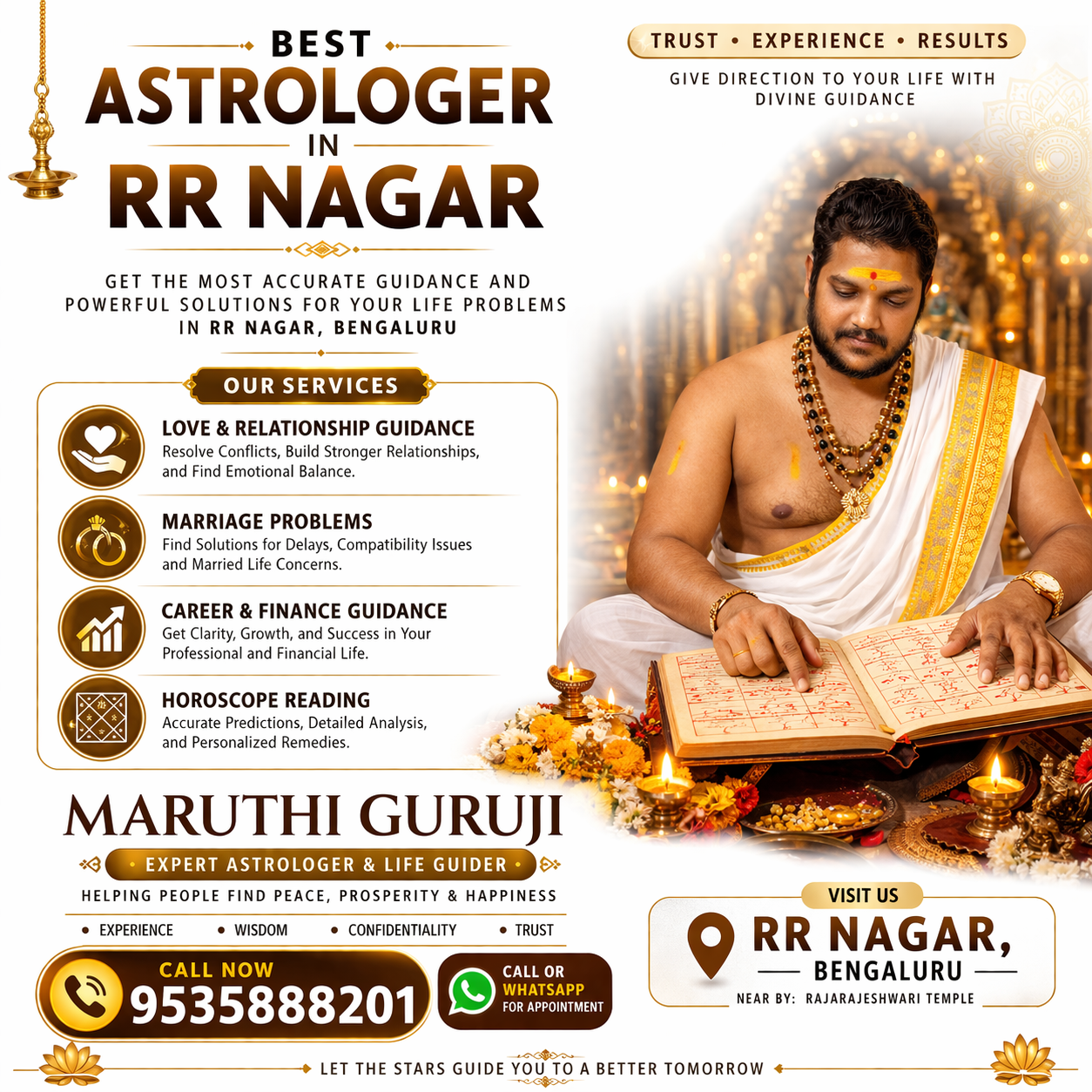 Best astrologer in RR Nagar Bangalore Maruthi Guruji reading horoscope in temple setting