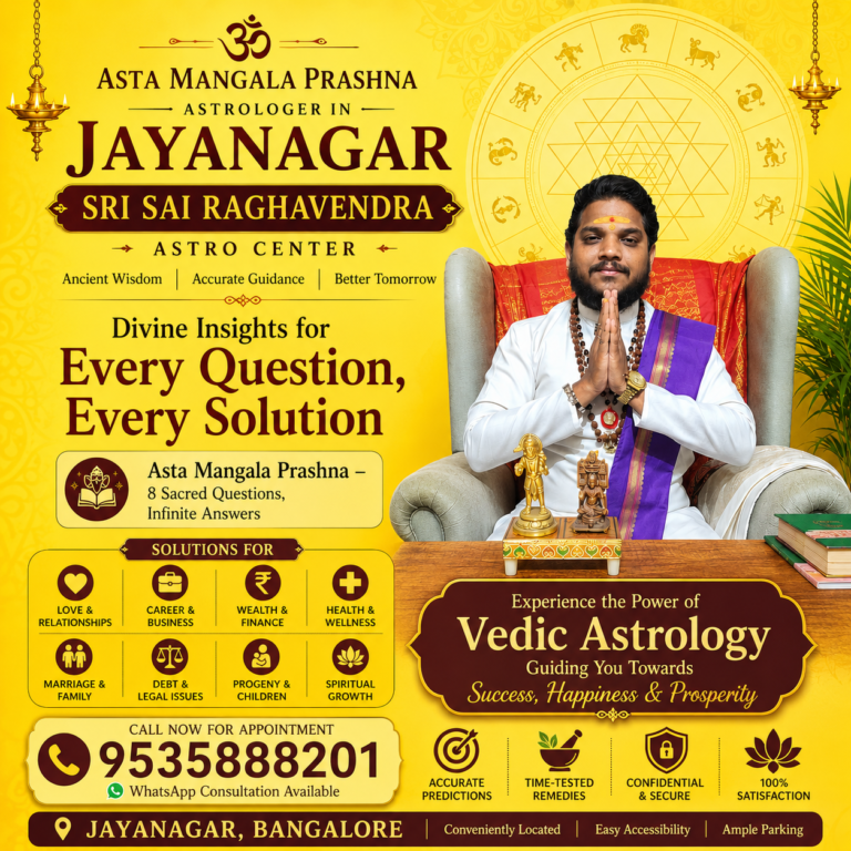 Astamangala Prashna astrologer poster featuring Sri Sai Raghavendra Astro Center in Malleshwaram Bangalore with Vedic astrology consultation services