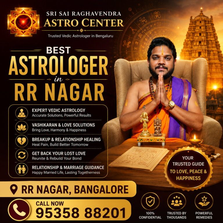 Best Astrologer in RR Nagar Bangalore poster featuring Sri Sai Raghavendra Astro Center with Vedic astrologer, horoscope symbols, temple background, love and marriage solutions, and astrology consultation services.