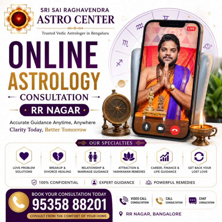 Online astrology consultation poster featuring Sri Sai Raghavendra Astro Center with Vedic astrologer on video call, horoscope symbols, spiritual guidance, love problem solutions, and online astrology services in RR Nagar Bangalore.