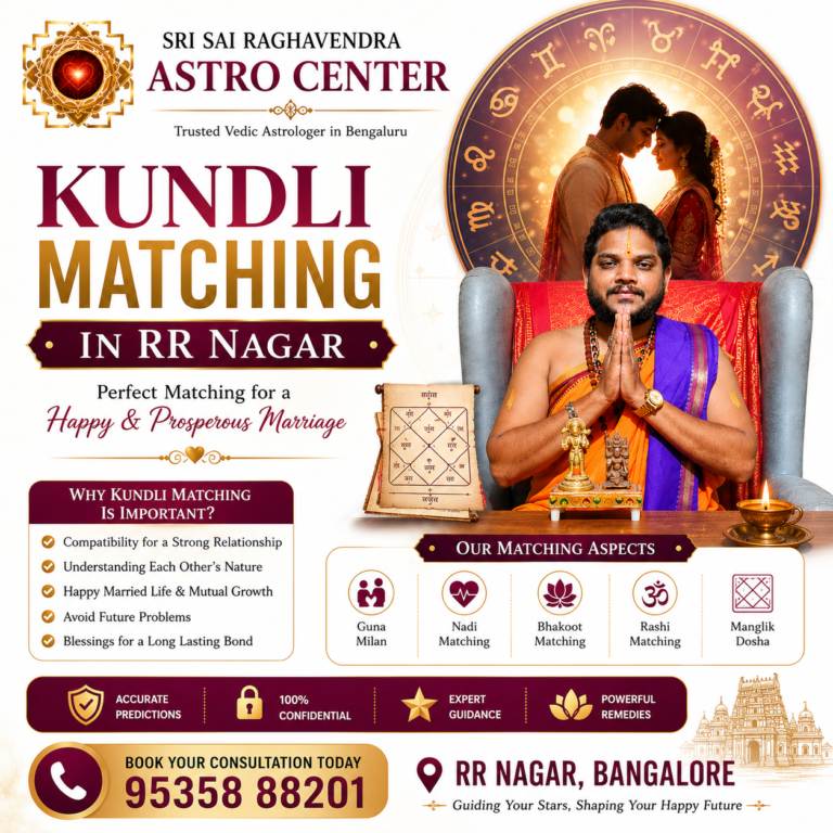 Kundli Matching astrologer poster in HSR Layout Bangalore featuring Sri Sai Raghavendra Astro Center with marriage horoscope compatibility services