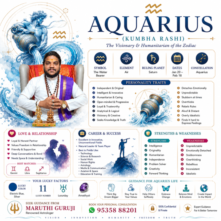 Aquarius horoscope reading poster featuring Maruthi Guruji with Aquarius zodiac personality traits, love compatibility, career guidance, strengths, weaknesses, lucky factors, and astrology consultation details in Bengaluru.