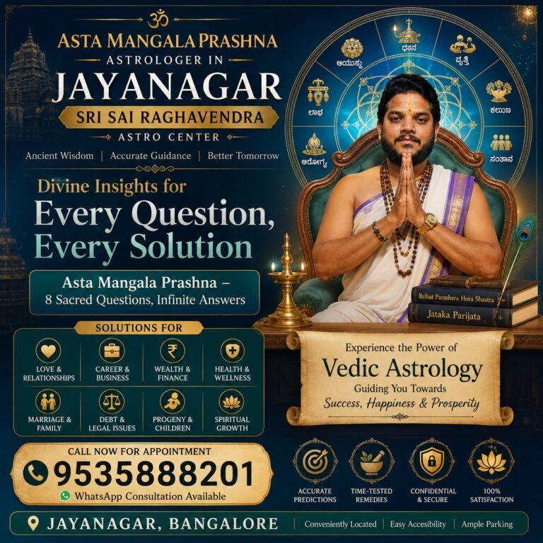 Asta Mangala Prashna Astrologer in Jayanagar Bangalore with Guruji offering Vedic astrology, pooja remedies, horoscope reading, marriage and career guidance