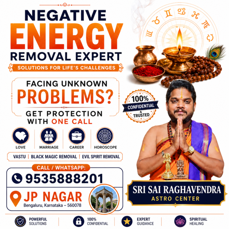 Negative Energy Removal Expert in JP Nagar | Sri Sai Raghavendra Astro Center offering traditional Vedic astrology consultation for love, marriage, career, Vastu, and horoscope guidance.