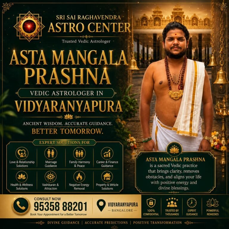 Asta Mangala Prashna astrology poster featuring a traditional Vedic astrologer at Sri Sai Raghavendra Astro Center in Vidyaranyapura, Bangalore, offering guidance for marriage, relationships, career, family harmony, health, finance, and spiritual growth.