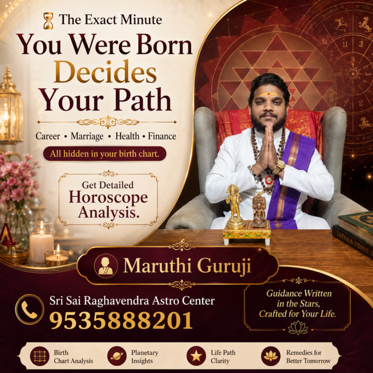 Maruthi Guruji providing detailed Vedic horoscope analysis based on exact birth time and birth chart at Sri Sai Raghavendra Astro Center